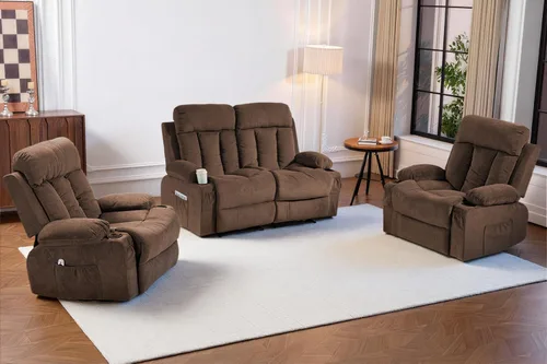 Miniatura 16 de Juego de sofá reclinable manual, 3 piezas con bolsillos laterales, portavasos para cine en casa, oficina (azul, sofá biplaza+silla)