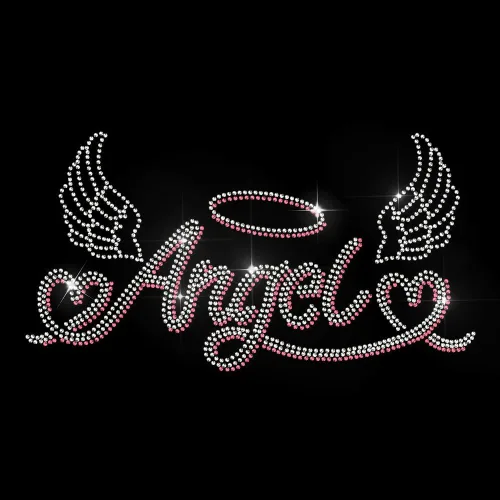 MAYJOYDIY Alas de transferencia termoadhesivas con texto de ángel con diamantes de imitación, parches de reparación de ropa, apliques de amor,
