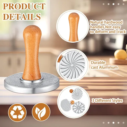 Miniatura 3 de Wenqik 3 piezas de sellos de galletas redondos de metal para prensa de galletas molde con mango de madera para hornear en relieve, suministros