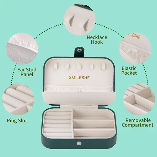 Miniatura 7 de Smileshe Joyero, estuche de viaje portátil pequeño de piel sintética, organizador de 2 capas, cajas de almacenamiento para anillos, aretes