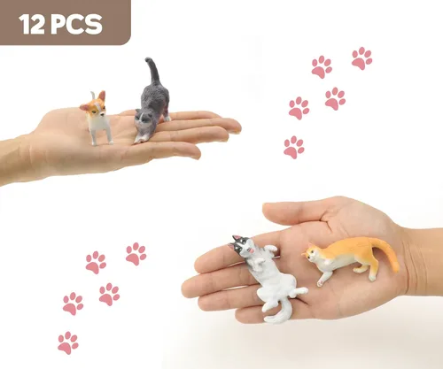 Miniatura 2 de RECUR Figuras de animales de gatos y perros, figura en miniatura para tartas, 100% pintada a mano, mini figura de mascotas para niños, 12