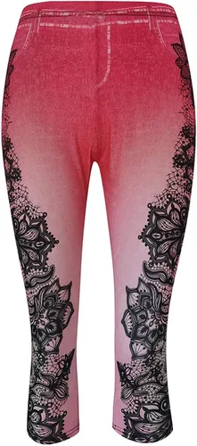 Miniatura 2 de Leggings con aspecto de jean para mujer, cintura alta, control de abdomen, jeans falsos, estampado floral, pantalones capri elásticos para yoga