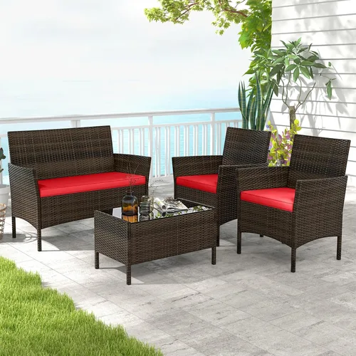 Miniatura 7 de HAPPYGRILL Juego de sofá de patio de 4 piezas, muebles de mimbre de ratán, juego de conversación con sofá acolchado y mesa auxiliar para patio al
