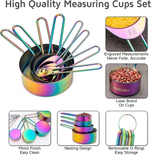 Miniatura 5 de WELLSTAR Juego de 8 tazas y cucharas medidoras de acero inoxidable 18/8 de grado alimenticio para medición de líquidos secos, accesorios de cocina