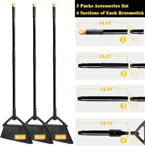 Miniatura 9 de Escoba comercial resistente, paquete de 3 escobas angulares mejoradas para barrer al aire libre e interior, escobas negras perfectas de la casa, 3 x