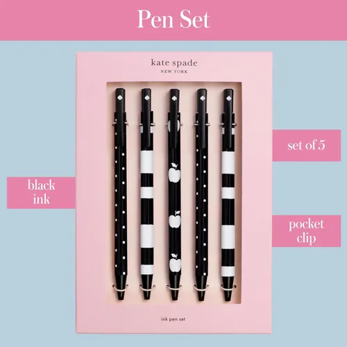 Miniatura 2 de Kate Spade New York Juego de 5 bolígrafos de tinta negra, bonitos bolígrafos de plástico con puntos y rayas