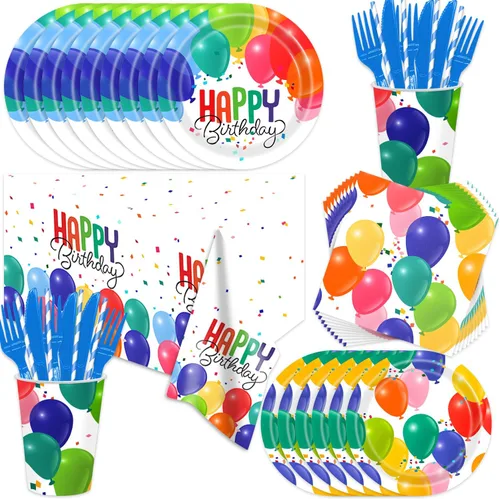 141 globos para decoración de fiesta de cumpleaños – Vajilla, suministros de fiesta, platos y servilletas, tenedores, tazas, pajitas, cubiertos,