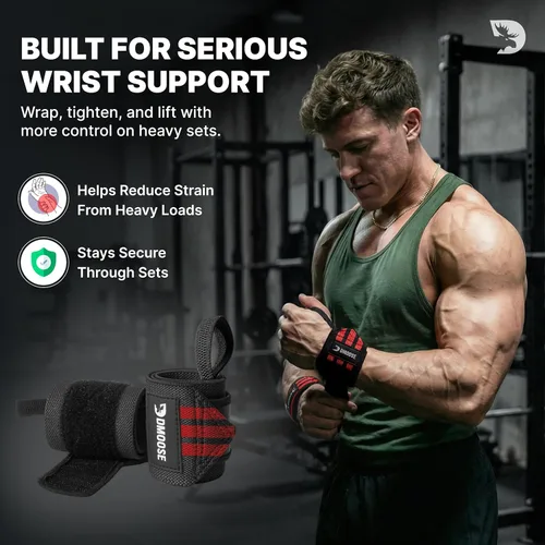 Miniatura 2 de DMoose Fitness Muñequeras para levantamiento de pesas de 18 pulgadas – Envoltura de gimnasio resistente con lazo para el pulgar para apoyo y alivio