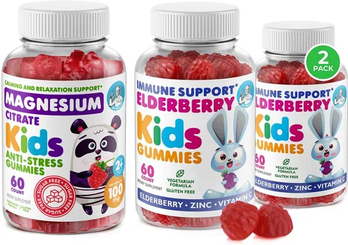 Dr. Moritz Gomitas de magnesio para niños, 60 unidades + gomitas de saúco, paquete de 120 unidades, apoyo inmunológico y tranquilo para niños