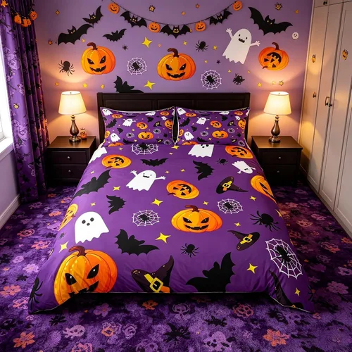 Miniatura 23 de Juego de funda de edredón de esqueleto, tamaño individual, estampado de flores de esqueleto humano, juego de ropa de cama con temática de Halloween