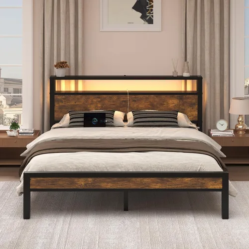 Miniatura 10 de LoVinson Full Size Bed Frame with Charging Station and LED Light, Metal Platform Bed with Storage Headboard, Noise Free, No Box Spring Needed, Easy