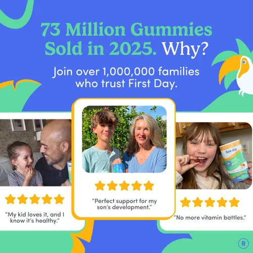 Miniatura 9 de FIRST DAY Gomitas multivitamínicas para niños a partir de 4 años, sabor a fresa y naranja - Vitaminas para niños, multivitamínicas gomosas A C D3 K2