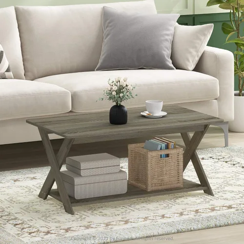 Miniatura 2 de Furinno – Mesa de café moderna y simplista, mesa de café rectangular moderna con patas en X, mesa auxiliar entrelazada, para sala de estar, Pino