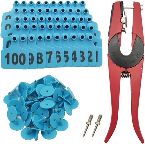 Etiquetas de oreja de ganado 001-100 Número de etiqueta de animales de ganado de plástico para vacas Kit de aplicador de etiquetas de oreja Azul