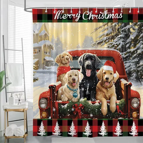 Miniatura 4 de Cortina de ducha de perros de Navidad, animales de granja, camión rojo, transportando lindos cachorros, familia, invierno, paisaje, nieve, Navidad