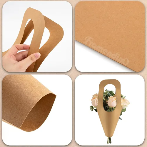 Miniatura 3 de Framendino, Paquete de 50 bolsas de regalo de flores de papel kraft, ramo de envoltura floral con asa, fundas para floristería para embalaje, boda