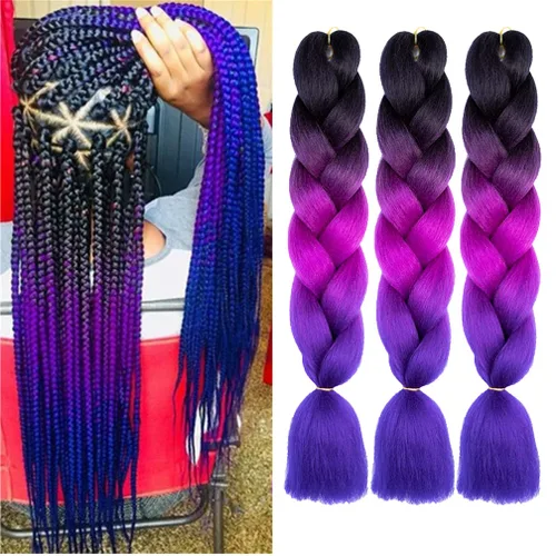 Miniatura 44 de Xiaofeng Extensiones de cabello trenzado coloridas Ombre de 61 cm, 3 unidades, trenzas Jumbo de alta temperatura para trenzas en zigzag y trenzas