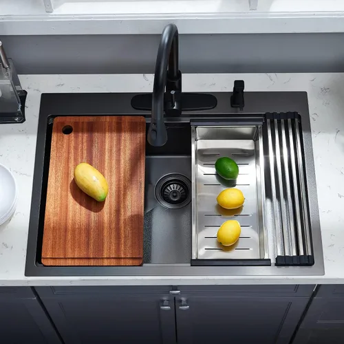 Miniatura 7 de Fregadero de cocina con plato individual con tabla de cortar, 30 x 22 x 10 pulgadas, color negro plomizo, acero inoxidable calibre 16 Negro
