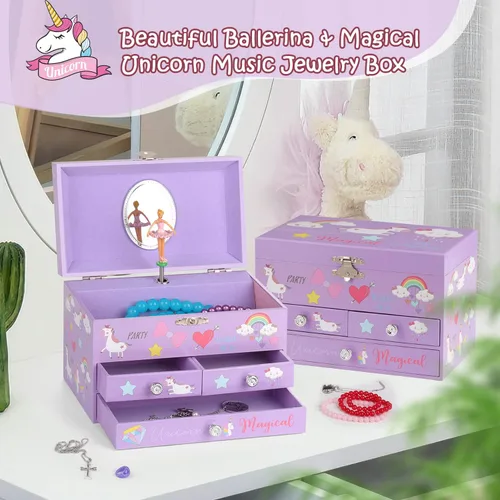 Miniatura 2 de efubaby Joyero musical para niñas, organizador de joyas de 3 capas con cajones, diseño de unicornio de bailarina giratoria, incluye juego de joyas