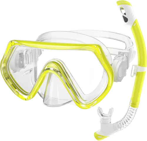 Miniatura 10 de 2 juegos de equipo de esnórquel para niños de 3 a 14 años, antivaho 180° Clear View Dry Top Snorkel Set, máscara de natación con cubierta nasal