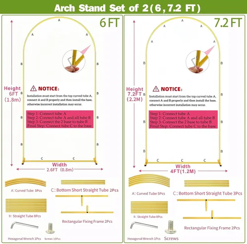 Miniatura 8 de Soporte de telón de fondo de arco de metal de 7.2 pies + 6 pies, juego de 2 soportes de fondo de arco dorado para fiestas, bodas, ceremonias, baby