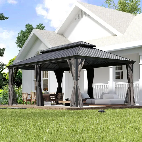 Miniatura 19 de Domi - Cenador permanente de metal con techo rígido de 8 x 8 pies, con doble techo de acero galvanizado, cortinas y malla para fiestas, bodas, Gris