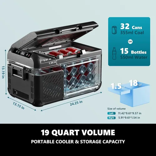 Miniatura 2 de EUHOMY Refrigerador de 12 voltios, 19 QT (18 L) congelador portátil, enfriador eléctrico -4℉~68℉, refrigerador de auto de 12V con puerta reversible