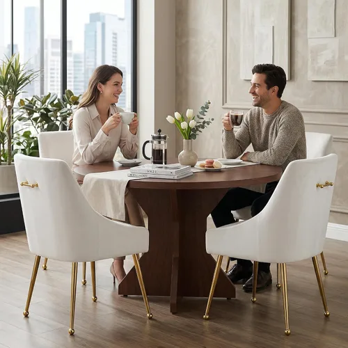 Miniatura 3 de Juego de 2 sillas de comedor de terciopelo, modernas sillas tapizadas de mediados de siglo con patas de metal dorado y asa de anillo, cómodas sillas