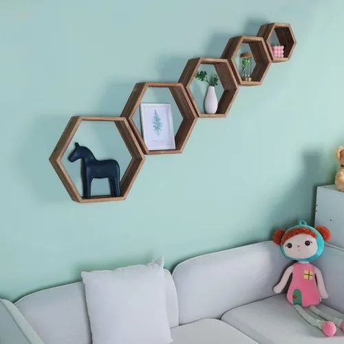 Miniatura 4 de PHOENANCEE Estantes flotantes hexagonales, juego de 5 estantes octágonos montados en la pared, cubo de almacenamiento de madera para baño, cocina