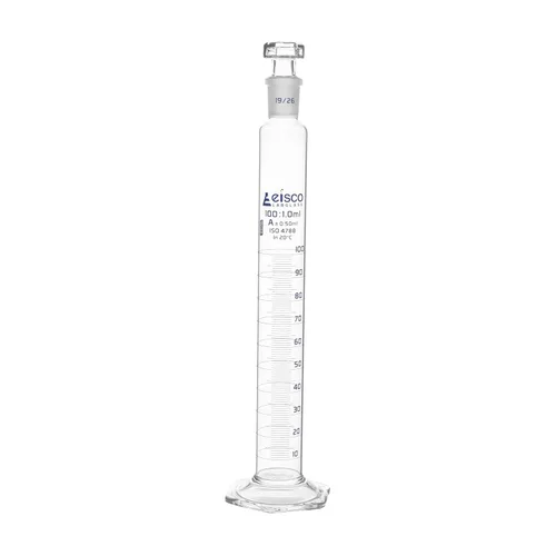 EISCO Cilindro graduado, 3.4 fl oz - Tolerancia de clase ±0.1.7 fl oz - Tapón de polipropileno 19/26 - Base hexagonal, graduaciones azules - vidrio