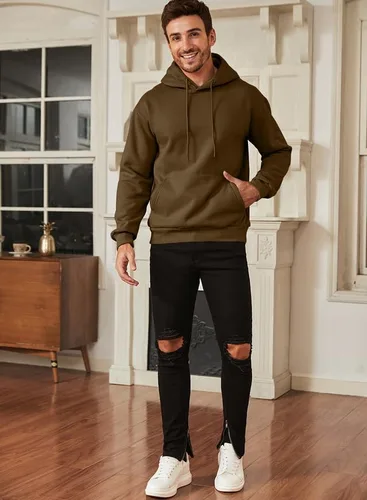 Miniatura 3 de JMIERR Sudaderas casuales de algodón con capucha y cuello de botón con cordón para hombre, sudaderas casuales de manga larga