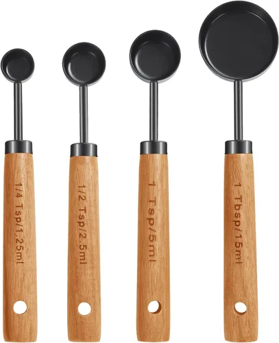 Miniatura 3 de GuDoQi Juego de 8 tazas y cucharas medidoras con mango de madera, tazas y cucharas medidoras de acero inoxidable dorado, medidas, medidas Negro