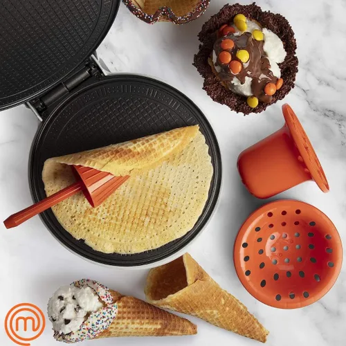 Miniatura 5 de MasterChef Máquina para hacer conos y tazones para gofres, incluye rodillo moldeador y prensa de cuencos, horneado casero, máquina de hierro