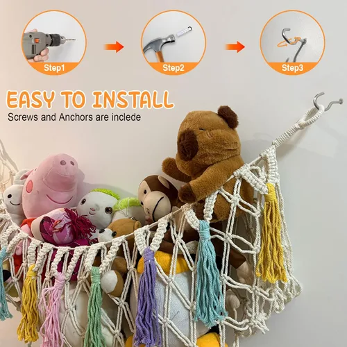 Miniatura 4 de Hamaca bohemia para animales de peluche, red grande de almacenamiento de juguetes de 51 pulgadas para juguetes de peluche, organizador de pared