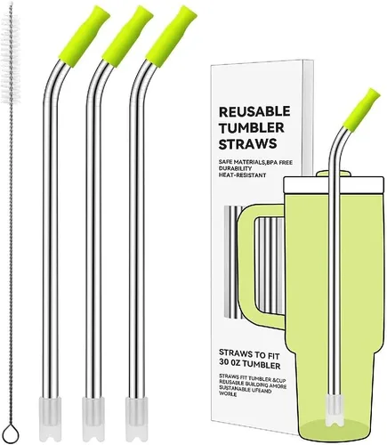 Miniatura 33 de Pajitas de metal rectas para vaso Stanley de 40 onzas, paquete de 3 popotes reutilizables de acero inoxidable con puntas de silicona y cepillo Gris