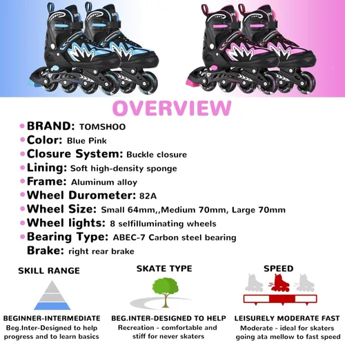 Miniatura 8 de TOMSHOO Adjustable Inline Skates for Kids Outdoor Roller Skates with Full Light Up Wheels Roller Blades for Girls and Boys Birthday Gift Rosa