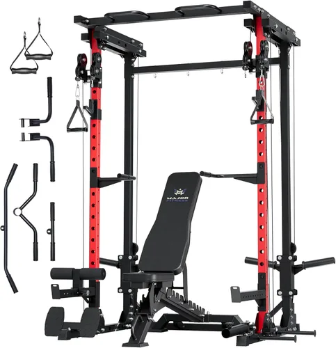 Miniatura 19 de MAJOR FITNESS Drone3 Power Rack, banco de sentadillas para gimnasio en casa de 2500lbs multifunción con sistema de polea doble, barra de tracción