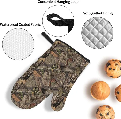 Miniatura 5 de Juego de 4 manoplas de horno y soportes para ollas de camuflaje de camuflaje, guantes resistentes al calor para cocina, hornear, asar a la parrilla