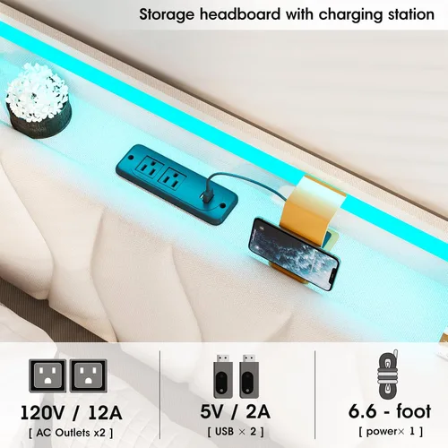 Miniatura 6 de Fameill Marco de Cama Twin con Almacenamiento Elevable, Cabecera Ajustable, Estación de Carga, Luces LED, Listones de Madera, Sin Ruido, No Requiere