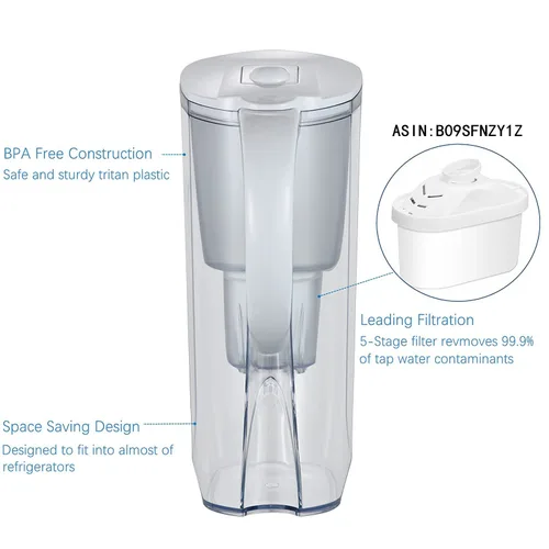 Miniatura 5 de Jarras de filtro de agua para agua potable con filtro de carbón activado, jarra de agua con filtro de 10 tazas de 150 galones, sin BPA y elimina