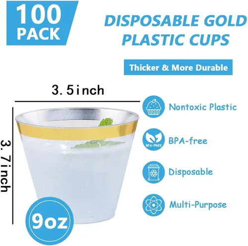 Miniatura 7 de Hioasis 200 Piezas Vasos Transparentes de 9 OZ - Vasos Desechables de Plástico con Borde Dorado, Resistentes y Sin BPA para Fiestas, Bodas