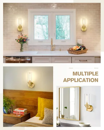 Miniatura 5 de Emak Apliques Dorados Cepillados Decoración de Pared Juego de 2, Luminarias Modernas para Baño Aplique de Pared con Pantalla de Vidrio Transparente