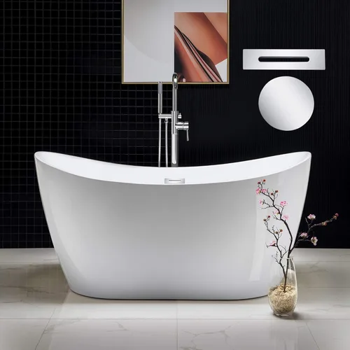 WOODBRIDGE - Bañera independiente de acrílico, 59 pulgadas, bañera contemporánea de remojo, color blanco, con desbordamiento y desagüe de cromo,