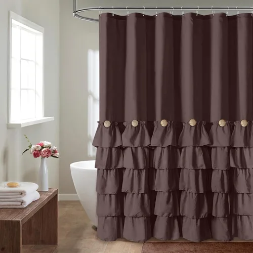 Seasonwood - Cortinas de ducha con volantes para baño, cortina de ducha con botones naturales, estilo de granja, 72 x 72 pulgadas, color marrón
