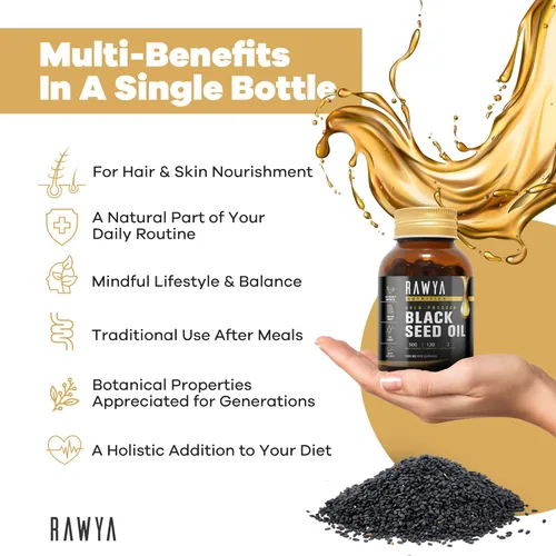 Miniatura 7 de RAWYA Cápsulas de cápsulas blandas de aceite de semilla negra, Halal, Premium prensado en frío, Nigella Sativa, sin OMG, 500 mg por cápsula - 120