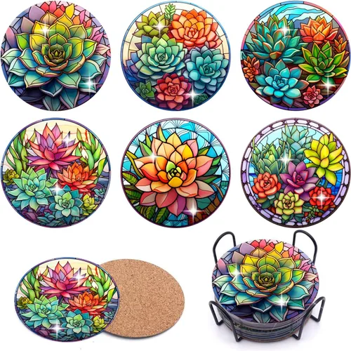 Miniatura 12 de Puraikcmi Juego de 8 posavasos de pintura de diamante, posavasos de arte de diamantes con soporte, manualidades de bricolaje, kits de arte