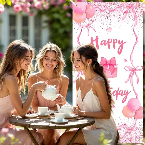 Miniatura 3 de Cartel de puerta de cumpleaños con lazo rosa para decoración de fiesta de cumpleaños con lazo rosa, cubierta de puerta de cumpleaños, pancarta