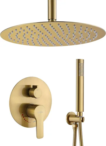 TIPOK Accesorio de ducha dorado cepillado con cabezal de ducha redondo de 10 pulgadas y grifo de ducha de lluvia dorado de mano que contiene válvula