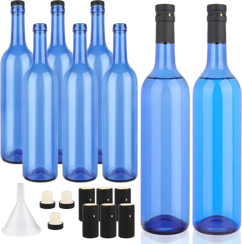 GUANENA Paquete de 8 botellas de vidrio azul de 750 ml con tapas de corcho y cápsulas retráctiles de PVC, botellas de vino vacías para elaboración