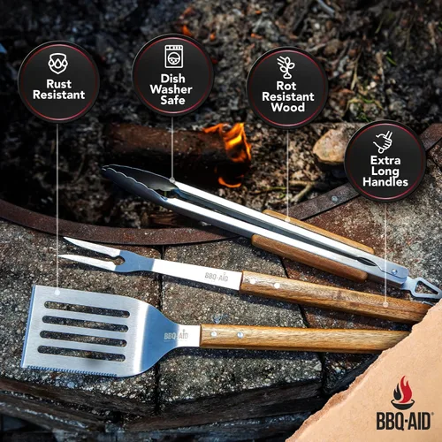Miniatura 3 de Juego de 3 accesorios para barbacoa – Pinzas para barbacoa – Juego de espátula y tenedor – Herramientas resistentes de acero inoxidable